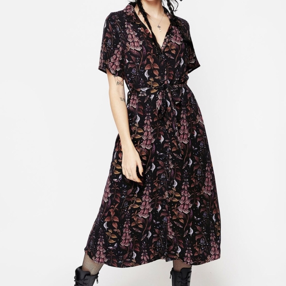 Floral Button-Front Midi Dress - Black & Mauve